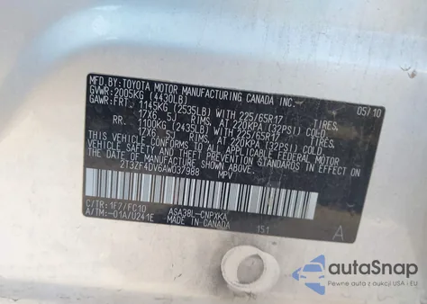 2010 Toyota Rav4 из США, поврежденный, VIN 2T3ZF4DV6AW037988